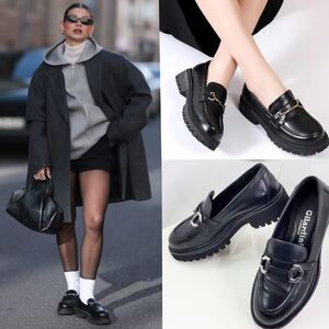 Gilardini🎀Black Leather Women's Chunky Platform Loafers☆Gilardini